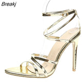 High Heel Sandals Cross-tied Ankle Strap Shoes Stiletto Hollow Solid Gold Black Sexy Party Zapatillas Mujer