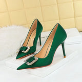 Breakj Fashion Banquet High Heels Fine Heel Shallow Pointed Satin Metal Water Diamond Buckle Single Shoe