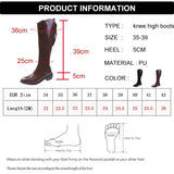 Winter Cowboy Western Boots Women Fashion Pointed Toe Thick Heels Knee High Boots Woman Back Zipper Pu Leather Long