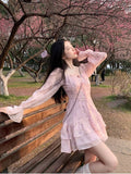 Summer Pink Floral Y2k Mini Dress Woman Sweet One Piece Dress Korean Fashion Chiffon Long Sleeve Short Party Dress