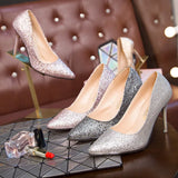 Women Wedding Shoes Silver Gold Dress Shoes Pointed Toe Thin Heels Woman Sequined Cloth High heels Glitter Pumps Boat