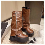 Breakj Bottom Big Head Trouser Boots Women 2025 Autumn And Winter New Pine Cake With But Knee Fashion Belt Buckle Knight