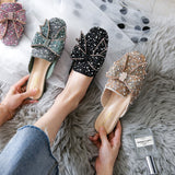 Crystal Ladies Slippers Mules Slides Slippers Women Shoes Bow Knot Square toe Square Flat Shoes Woman