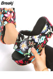 High Heeled Women's Slippers 2023 European Style Flower Pattern Comfy Walking Shoes Plus Size Summer Outside Lady