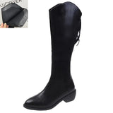 Winter Cowboy Western Boots Women Fashion Pointed Toe Thick Heels Knee High Boots Woman Back Zipper Pu Leather Long
