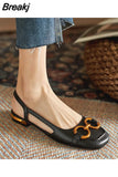 Summer Women Low Heel Sandals Square Toe Fashion Metal Decoration Mature Slingback Buckle Strap Office Ladies Casual