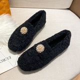 Lambswool Moccasins women warm plush winter shoes woman espadrilles comfy fleeces loafers crystal pearl fur flats plus