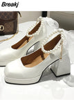 Shoes for Women Elegant Heeled Shoes Bow Square Toe Black High Heels Thick Heel Wedding Party Pearl Lace Mary Jane