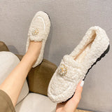 Lambswool Moccasins women warm plush winter shoes woman espadrilles comfy fleeces loafers crystal pearl fur flats plus