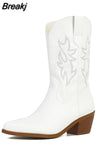 Women's Western Boots 2023 Autumn Winter Fashion Chunky Heeled Cowboy Boots Vintage Style Country Western Cowgirl White