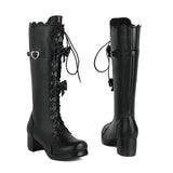 Women Platform Vintage Lolita Boots Cosplay Chunky Heel Cute Bow Shoes Round Toe Mid-Calf Kawaii Cross-Tied Princess