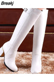 Women white leather Knee Bare Boots Square High Heel Casual Long Tube Booties Lady Sexy Over Knee Thigh High Boots lady winter