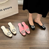Breakj Half Drag Female 2024 Summer New Fashion Rhinestone Square Buckle Flat Bottom Cool Drag Flat With Slippers Women's Shoes