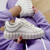 Women New Autumn Pu Leather Lace-Up Sneakers Solid Thick Sole Platform Skateboard Shoes Metal Chain Casual Vulcanized