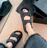 Hook&Loop Denim Sandals Women Double Band Open Toe Shoes Girls Students Summer Soft Leather Platform Sandalias Femmes