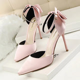 Breakj Korean Version Of Delicate High Heels Satin Hollow Shallow Mouth Tip With Hollow Bow Female