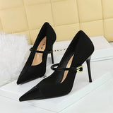 Breakj Korean Version Of Fashion Banquet High Heels Women's Shoes With Light Corduroy Stitching Pointed One Word Belt Single