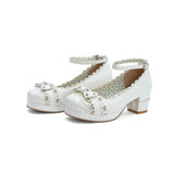 Lolita Shoes Women High Heels Vintage Hollow Flowers Ankel Strap Bow Cute Girls Princess Party Students Lovely Pumps Size