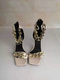 Ankle Strap Summer Clear PU High Heel Sandals Summer Fashion Chain Design Slip on Square Toe Zipper Slides Women Mules