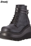 Brand Design Black Gothic Style High Heels Black Front Zipper Ankle Platform Boots Street Cool Woman Wedges