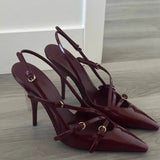 New Patent Leather One Word Buckle Cat With Baotou Sandals Women's Black Silk Pointed High
