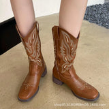 Breakj Embroidery V Moust Martin Boots Women 2025 Autumn Brown Coarse And National Wind Knight Short Boots Western Cowboy