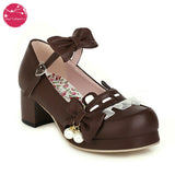 Japanese Style Sweet Bow Lace Princess Lolita Shoes Lace-up Med Heel Buckle Strap Thick Platform Pumps with Cute Ears Pearl