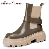 Genuine Leather Ankle Shoes Women Think Heel Short Boots Round Toe High Heel Ladies Boots 2021 Autumn Winter Khaki