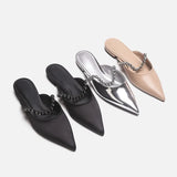 Leather Rhinestone Belt Sandals Woman Pointed Toe Slippers Flat Low Heels Mules Ladies Casual Slides Home&Outside