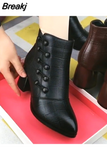 Autumn Winter Women Boots Pu Leather Solid Color Mid Chunky Heel Ankle Boots Button Pumps Shoes Warm Ladies Short