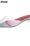 Transparent Women Pumps Sandals Crystal Mid Heels Pumps Rhinestone Pointed Toe Women Bridesmaid Wedding
