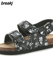 Summer Kids Beach Print Cork Sandals for Girls Boys Children Outdoor Casual Non-slip Flat with Cute Slide