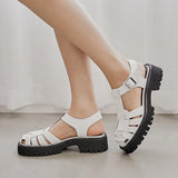 Platform Wedges Sandals Real Leather Mid Heel Shoes T-Strap Round Toe Female Footwear Buckle Sandals Summer Black
