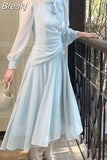 One Piece Dress Korean Fashion 2023 Spring Long Sleeve Elegant Midi Dress Woman Casual Solid Even Party Dress Office