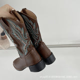 Breakj Embroidery V Moust Martin Boots Women 2025 Autumn Brown Coarse And National Wind Knight Short Boots Western Cowboy