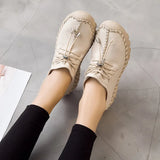 Oxford Sewing Flats Women's Loafers Shoes Woman Female Lace Up Genuine Leather Rubber Soles Casual