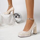 Heels Silver Wedding Shoes Women 2024 New Fashion Ankle Buckle Platform Pumps Woman Luxury Sequins Glitter Mary Jane