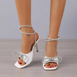 New Fashion Women's High Heel Bow Rhinestone Large Sandals Thin High Heel Sandals Summer Party Evening Dress