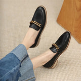 Genuine Leather Loafers Shoes Women Low Heels Chain Chunky Heel Pumps Round Toe Slip On Female Footwear Spring