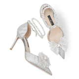 Breakj Shoes Women's Pearl Straps High-End Squint Crystal Shoes Silver French High Heels High Heels Do Not Tired Wedding