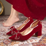 Pointed Toe Bride Shoes for Wedding 2023 Luxury Pearls Ankle Strap Flock Pumps Woman Bowknot Sqaure Heels Party Shoes