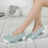 Women's Genuine Leather Platform Shoes Wedges White Lady Hollow printing Casual Shoes Swing mother Shoes Size