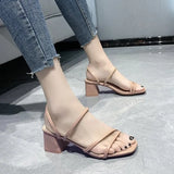 Women Sandals Chunky Heels Brand Slides 2021 Summer Flip Flops Narrow Band Sandal Elegant Mule Shoes Women Slipper Big Size