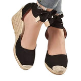 Breakj Summer New Large-Size Slopes And Women's Sandals Thick-Soled Buns Heel Heel Heel Tie Cloth Hemp Rope Sandals