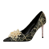 Breakj Sexy Banquet High Heels Fine Heel High Heels Shallow Pointed Pearl Flowers Rhinestone Women's Shoes Single