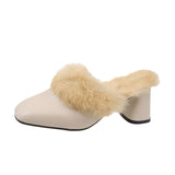 / Winter 2023 Korean Version Of Thick-Heeled Baotou Slippers, Feminine, High-Heeled, Square-Headed Rabbit Hair, Semi-Draped Leather, Fashionable Muller