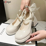 Ladies High Heels Elegant Bow Square Toe Black High Heels Fashion Thick Heel Wedding Party Pearl Lace Wedding Shoes