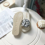 camellia decoration slippers women flat heel beach sandals pearl number slides summer shoes woman flower rivet flip