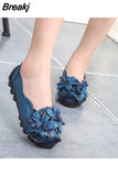 35-42 Genuine Leather Summer Flats Women Soft Slip-On Flat Shoes Black Red Floral Mom Loafers Moccasin Lady Designer