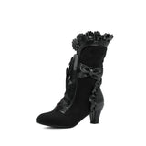 Winter Girls Lolita Faux Suede Mid-Calf Boots High Heel Ruffle Trim Japanese Princess Cosplay Party Shoes Vintage Sweet